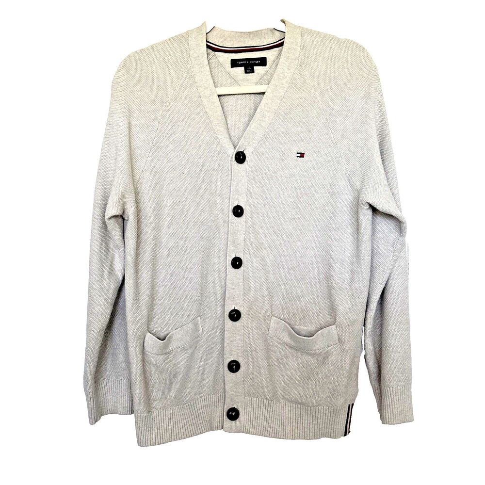 TOMMY HILFIGER Jumper Men's LARGE Cardigan Button Up Knitted Melange Grey
